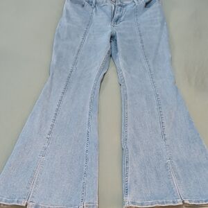Women's Light Blue Flared Jeans- Split hem + Hollister Large